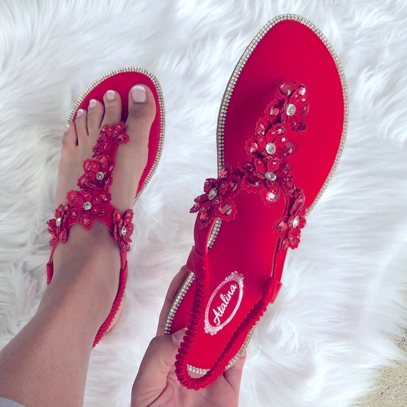 Red Flower Italina Rhinestone Thong Wedge Sandal - Picture 5 of 11